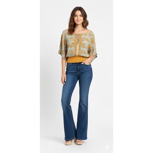 Free People Blouse Women's Size 6 Yellow Floral Boat Neck Short Sleeve Boho Top - Picture 9 of 9